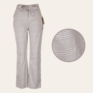 Joie Taupe Ivory Plaid Tie High Waist Trouser Pants Size 6 NWT